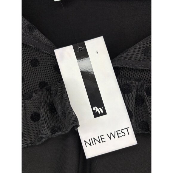 NINE WEST NEW Blouse Womens M Black Polka Dot Sheer Tie Short Slv Flowy - Picture 6 of 8